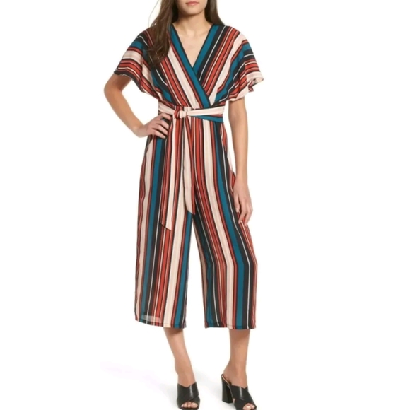 Leith Pants - Leith Striped Tie Waist Wide Leg Cropped Jumpsuit